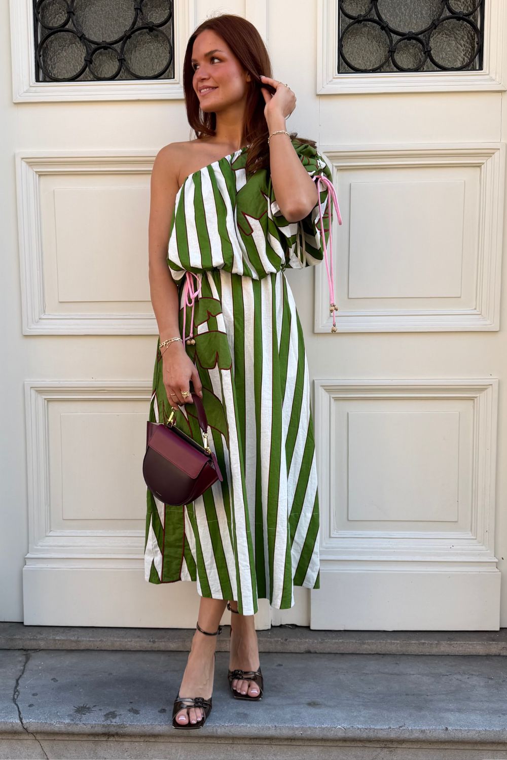 farm rio green and white striped dress Farm Rio Striped Sleeveless Midi-Dress