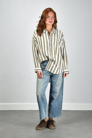 Denimist blouse Button DSW4230-1045 jumbo olive green ecru stripe