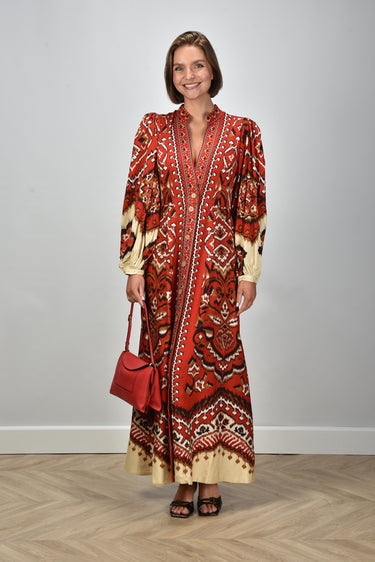 farm rio ainika maxi dress Red Graphic Ainika Belted Tiered Maxi Dress