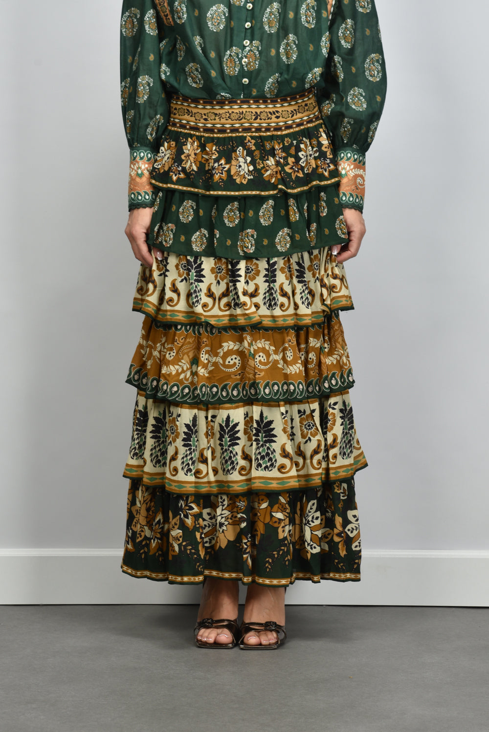 Farm Rio maxi rok met ruches in ayla green print – Marjon Snieders