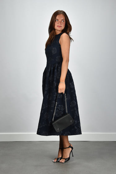 Jurk blauw Rotate midi met jacquard bloemen Marjon Snieders Jurk blauw Rotate midi met jacquard bloemen Marjon Snieders