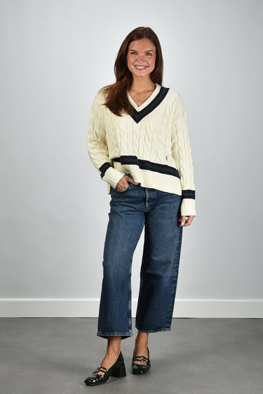 Sporty & Rich trui SRC Cableknit V-Neck WS06561302WH64 ecru/dark navy/forest