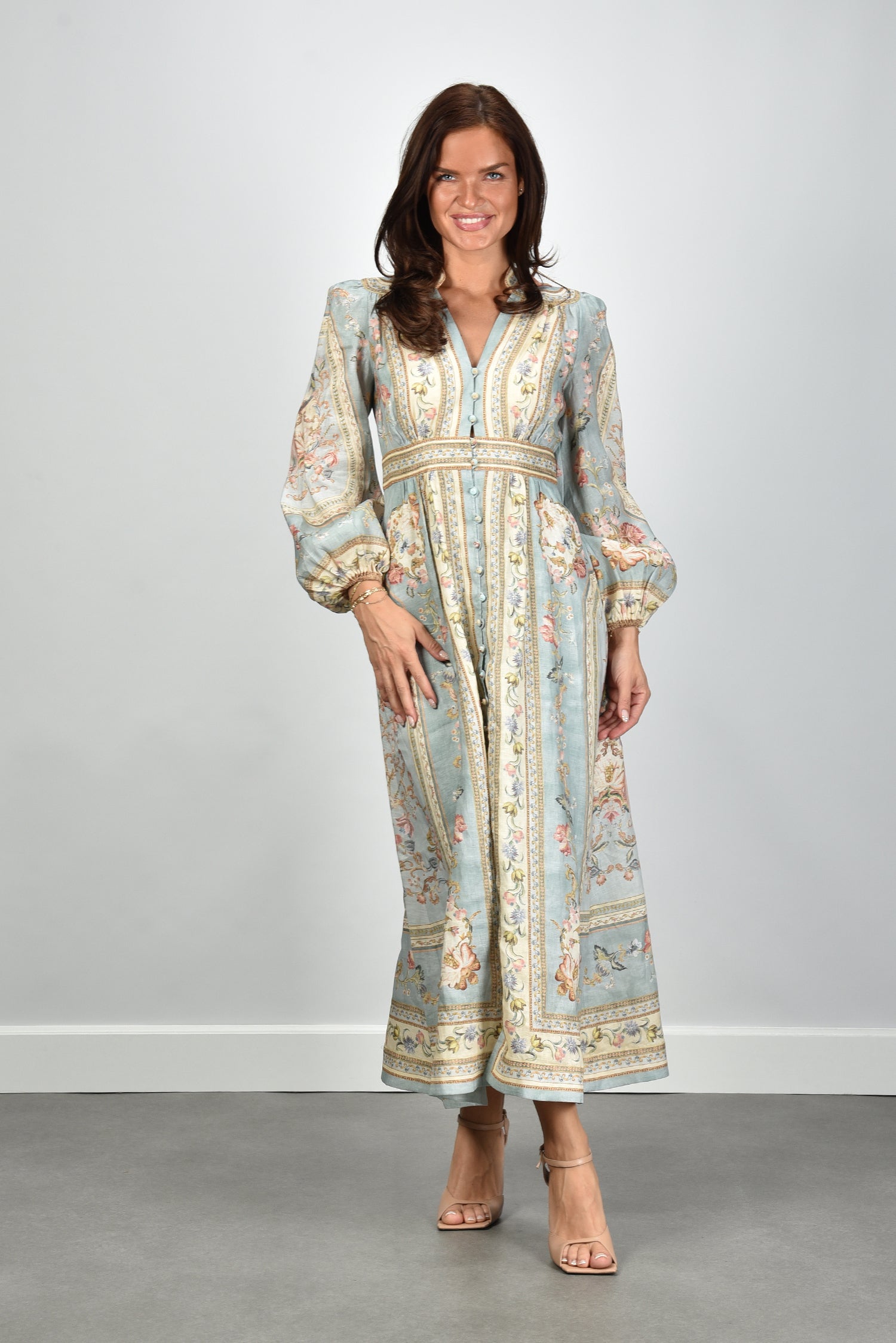 zimmermann plunge midi dress Roselight linen with blue print 3/6/2026 Backless Halter Denim Straight, Color:AS PHOTO(HOT PINK) Cut from airy linen