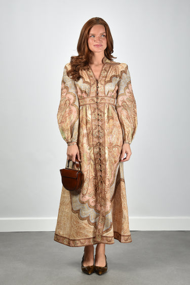 zimmerman midi dress Linen midi dress with paisley print and buttons