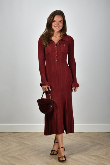 jurk geribbelde gebreide midi-jurk met knopen rood – Marjon Snieders